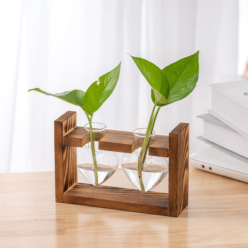 Heart Shape Double Glass Vase with Wooden Frame
